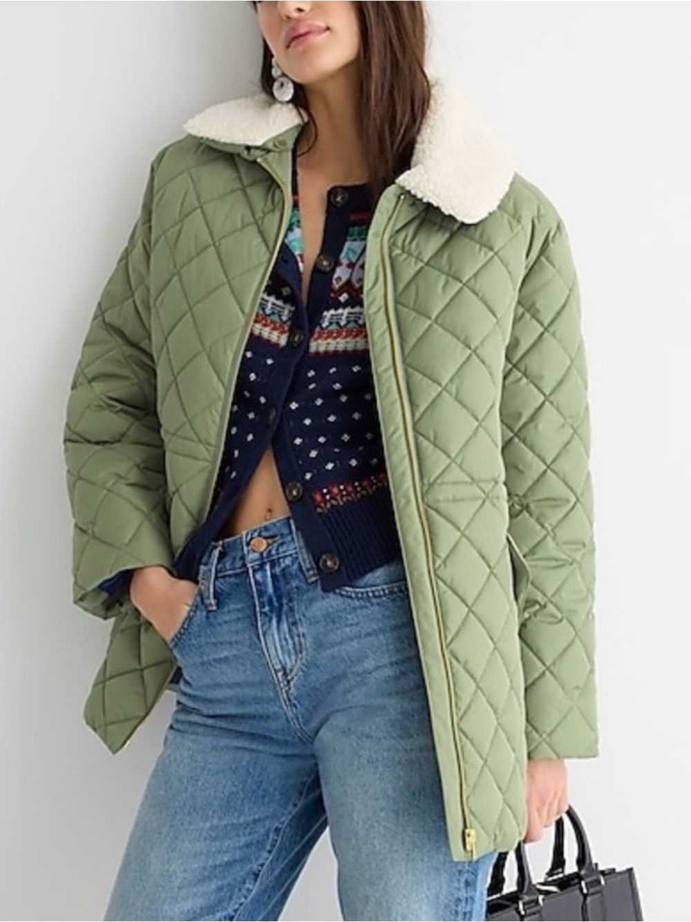 J.Crew Quilted sherpa-lined puffer jacket XS Anorak Green Warm Coat Detachable